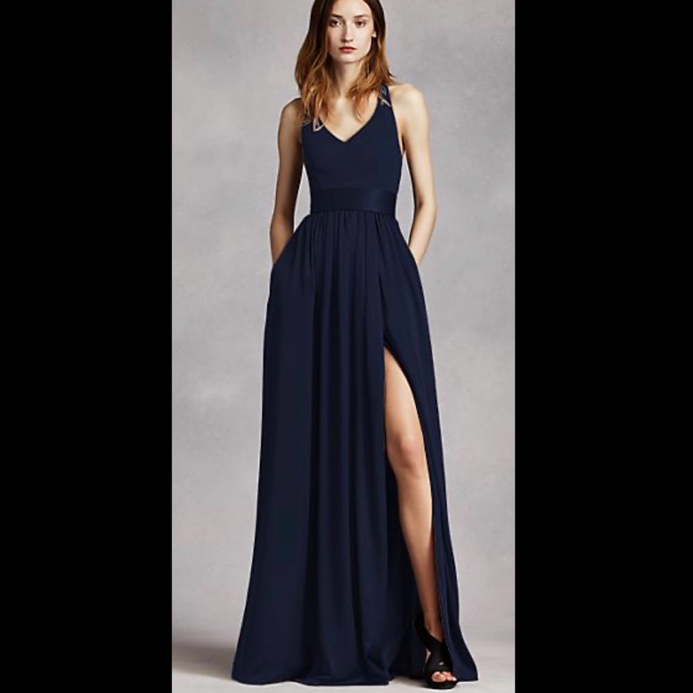 David’s Bridal V Neck Halter Gown with Sas